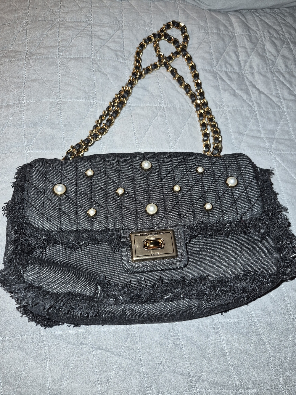 Karl Lagerfeld Black Quilted Shoulder Bag with Pearl Studs & Gold Chain Strap